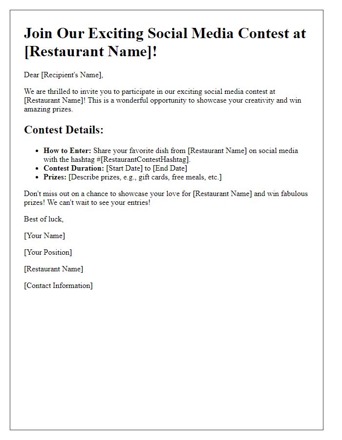 Letter template of Join Our Exciting Social Media Contest at [Restaurant Name]