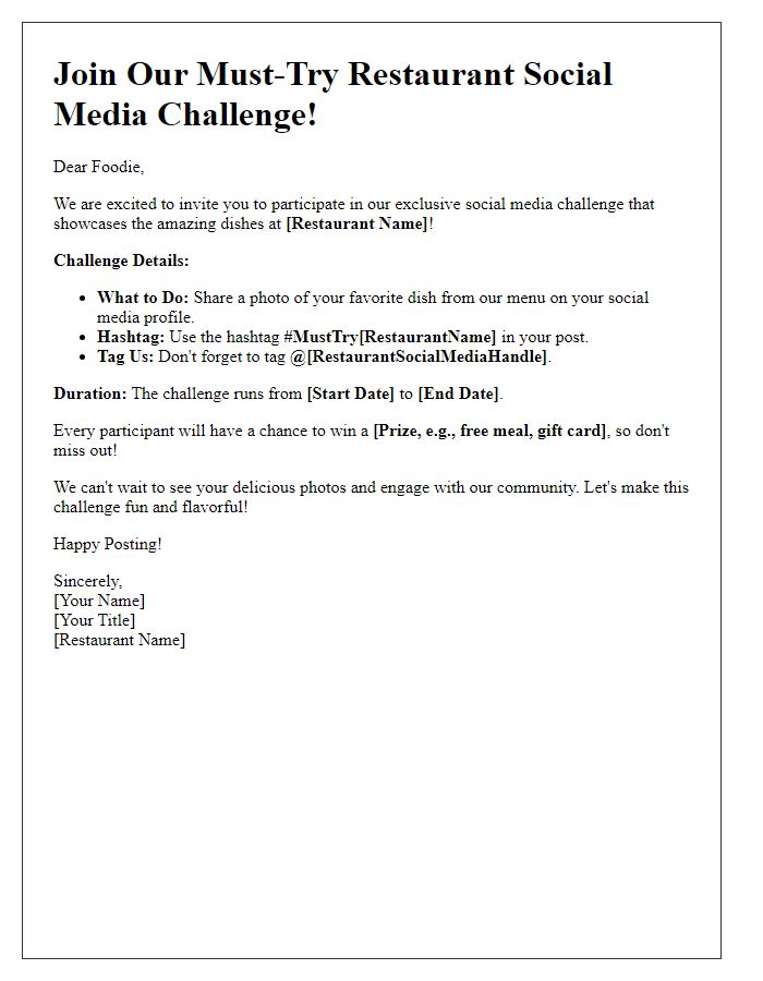 Letter template of Participate in Our Must-Try Restaurant Social Media Challenge