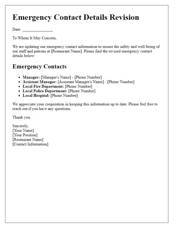 Letter template of Emergency Contact Details Revision for Restaurant