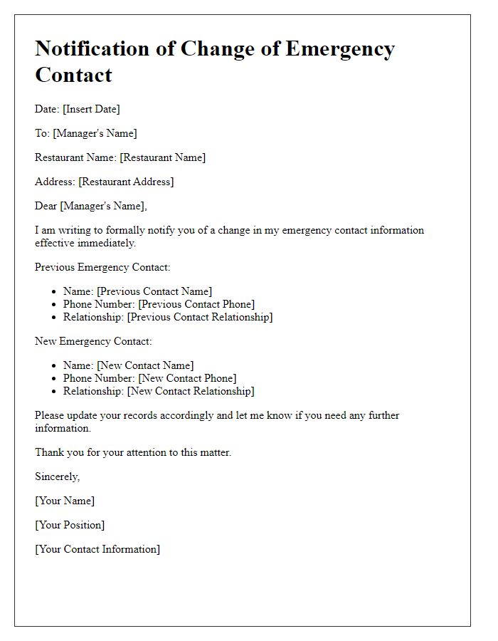 Letter template of Notification for Change of Emergency Contact in Restaurant