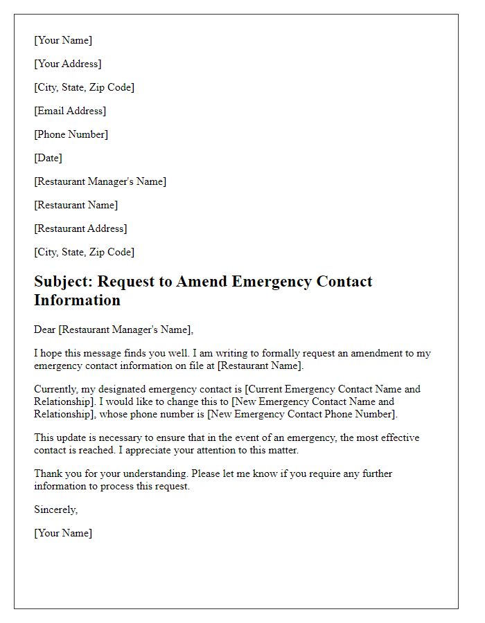 Letter template of Request to Amend Emergency Contact for Restaurant