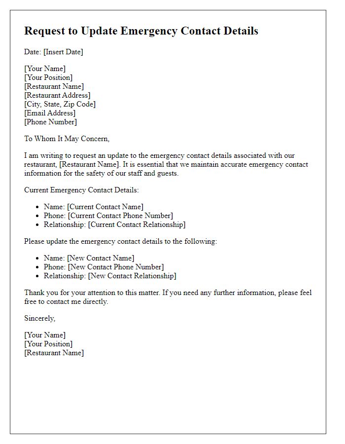 Letter template of Request to Update Emergency Contact Details for Restaurant