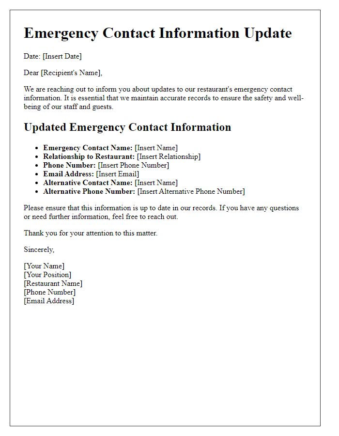 Letter template of Restaurant Emergency Contact Information Update