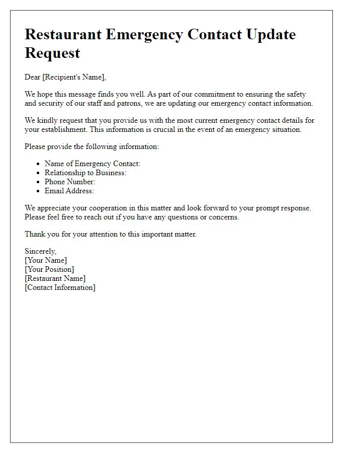 Letter template of Restaurant Emergency Contact Update Request