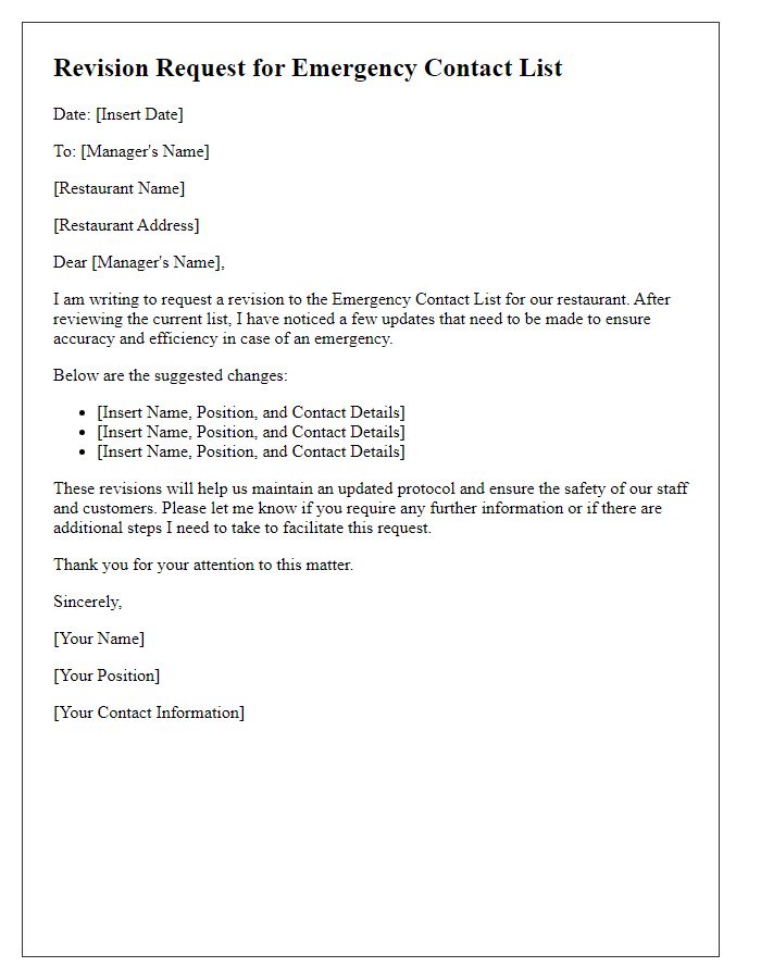 Letter template of Revision Request for Restaurant Emergency Contact List