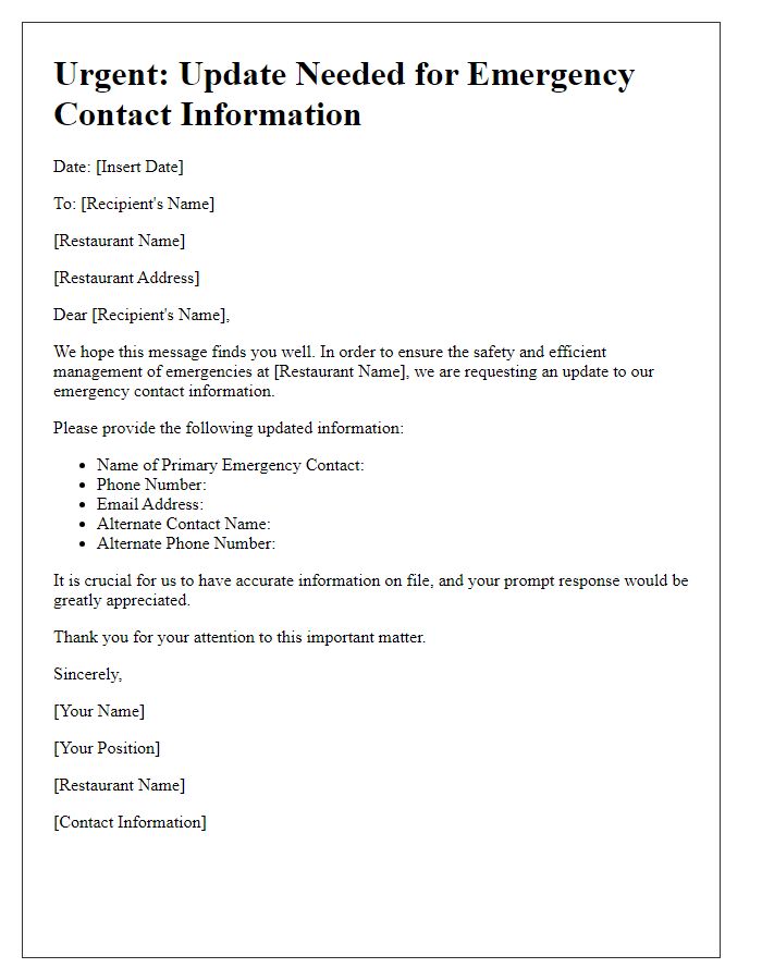 Letter template of Update Needed for Restaurant Emergency Contact Information