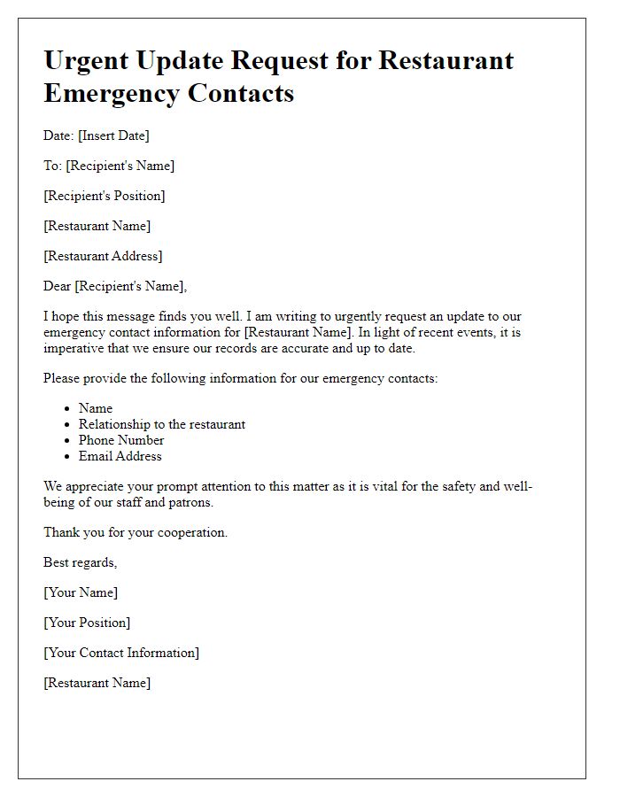 Letter template of Urgent Update Request for Restaurant Emergency Contacts