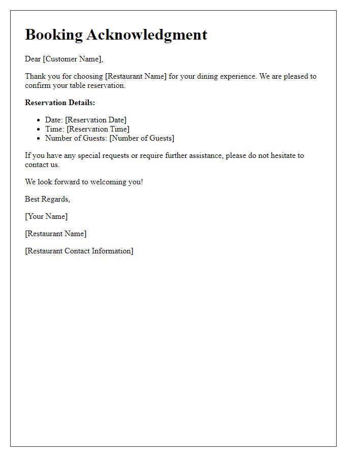 Letter template of booking acknowledgment for restaurant tables.