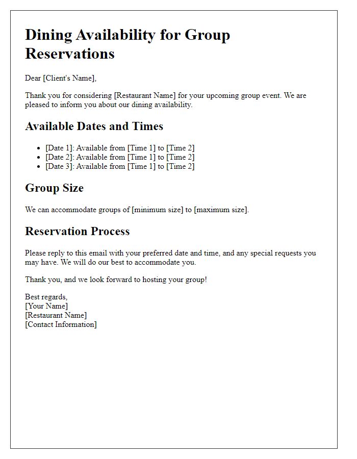 Letter template of dining availability for group reservations.