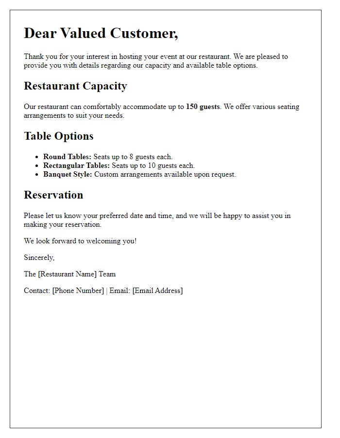 Letter template of restaurant capacity and table options.