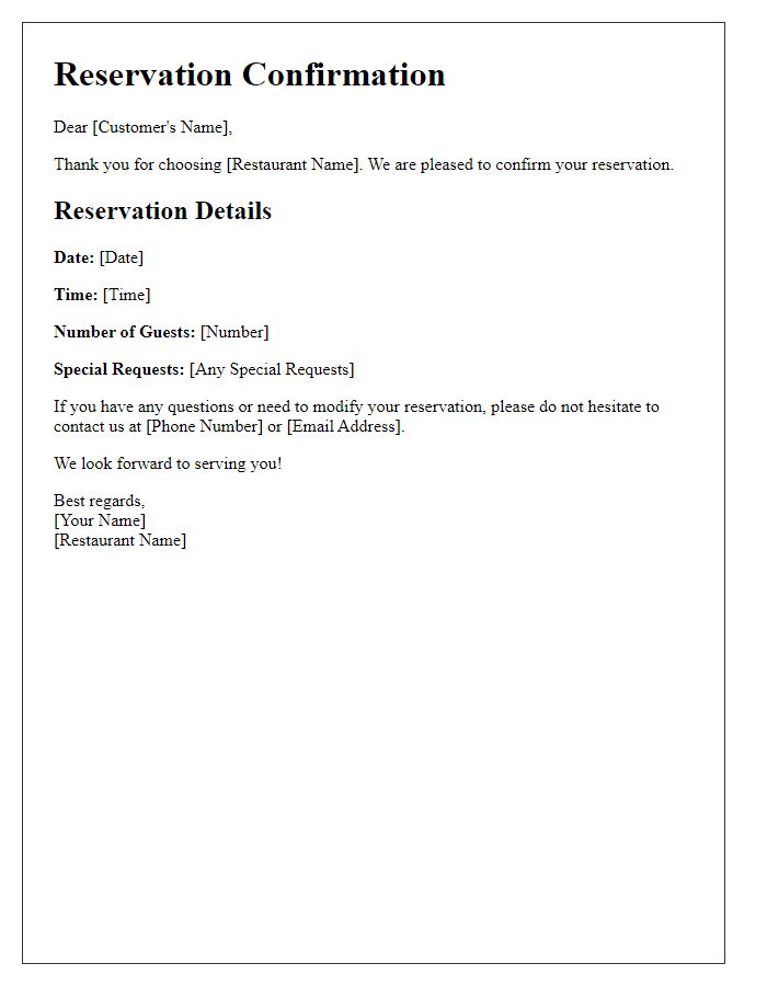 Letter template of restaurant reservation confirmation.