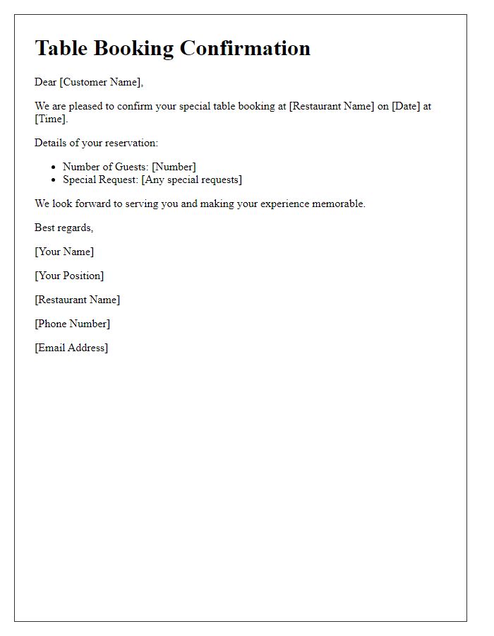 Letter template of special table booking confirmation.