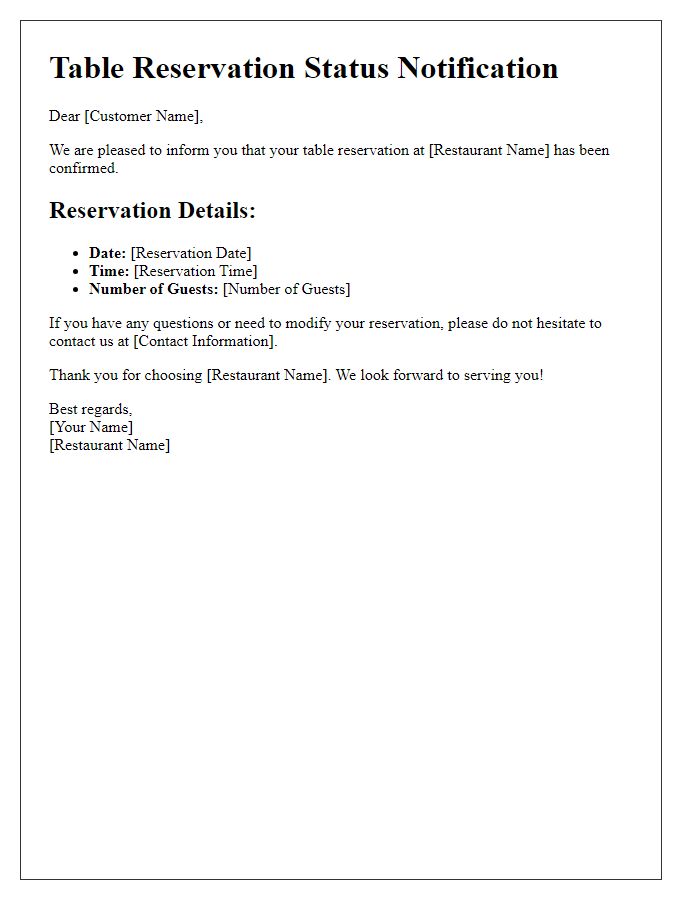 Letter template of table reservation status notification.