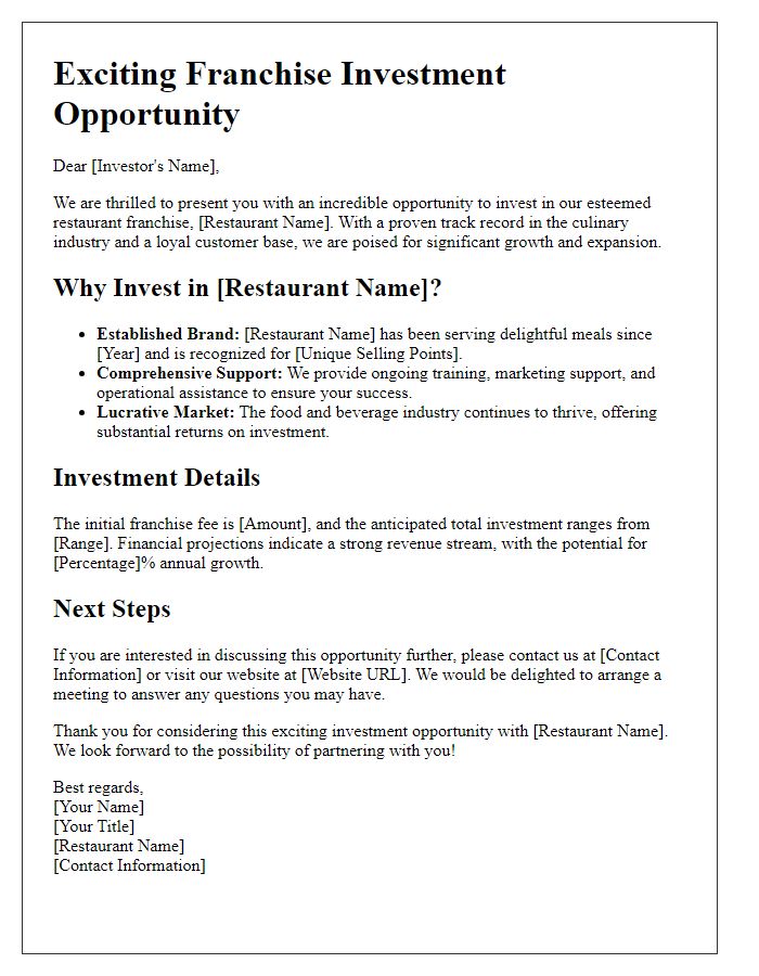 Letter template of restaurant franchise investment opportunity.