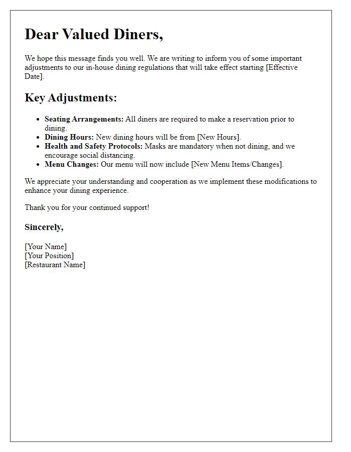 Letter template of adjustments to our in-house dining regulations for diners.