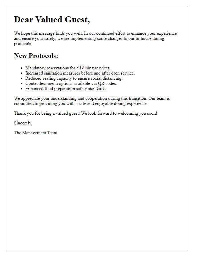 Letter template of changes to in-house dining protocols for our valued guests.