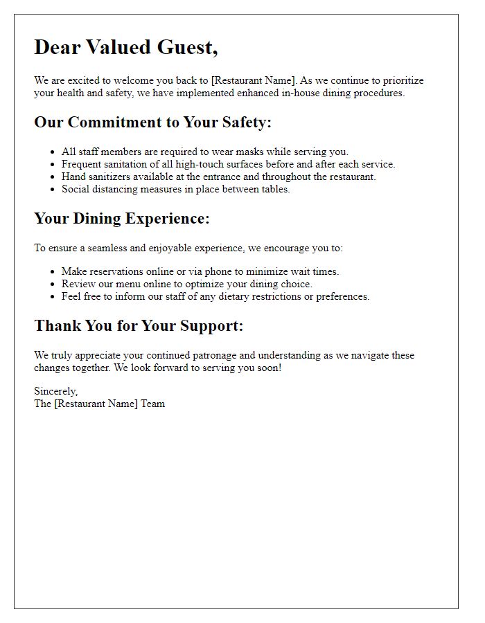 Letter template of enhanced in-house dining procedures for restaurant visitors.