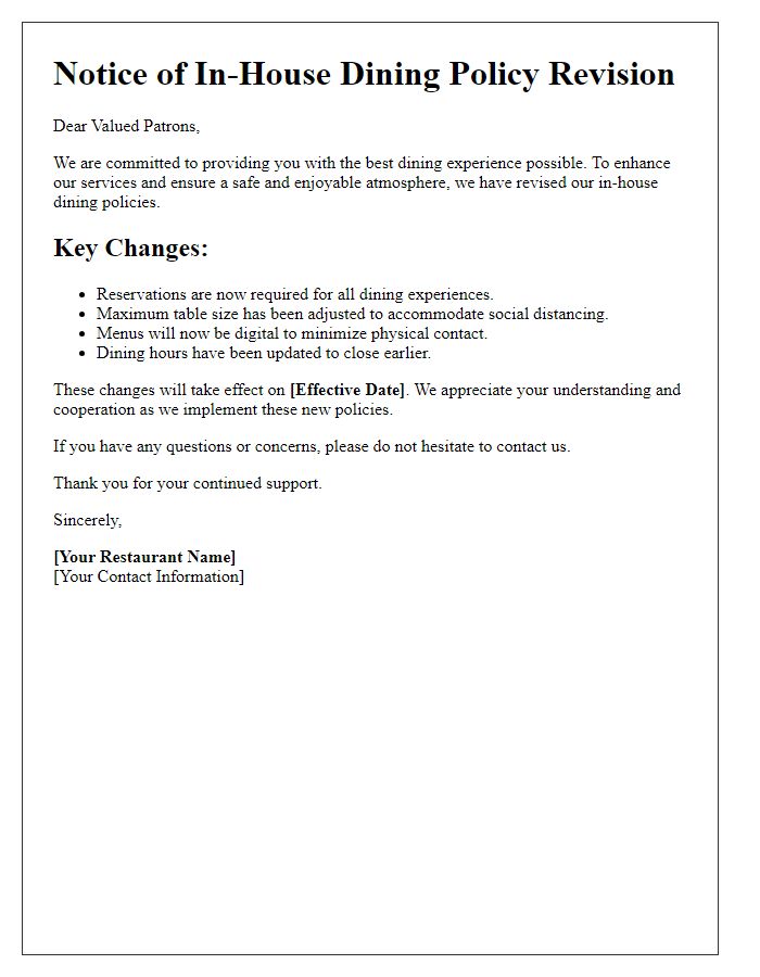 Letter template of in-house dining policy revision for patrons.