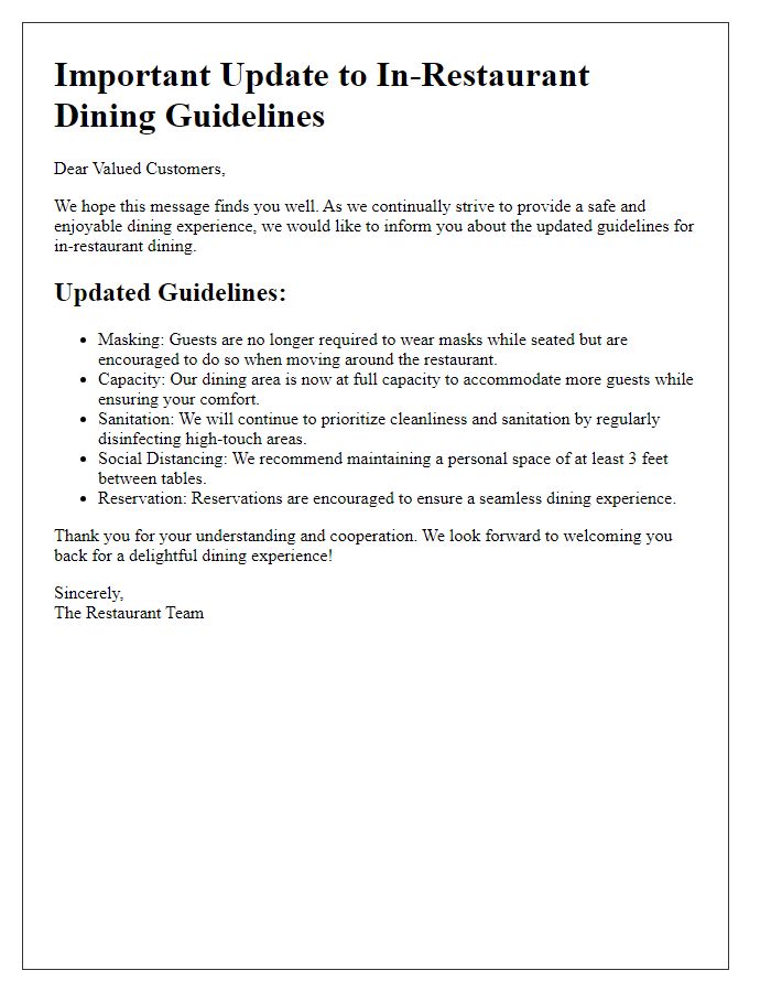 Letter template of updates to in-restaurant dining guidelines for customers.