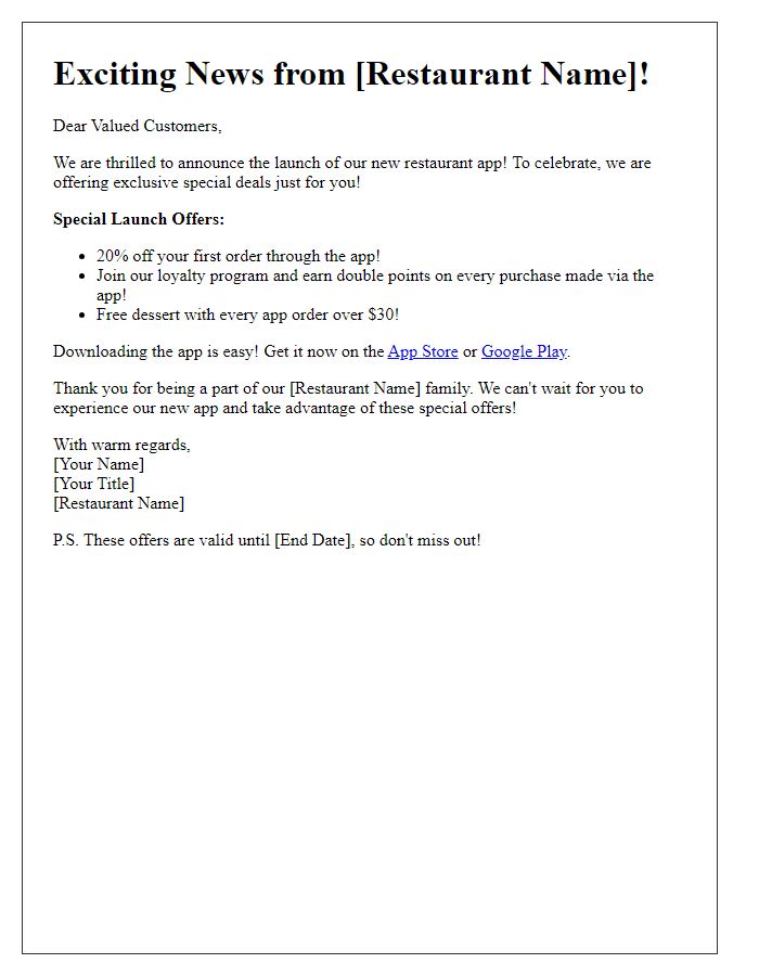 Letter template of announcing special offers with our restaurant app launch