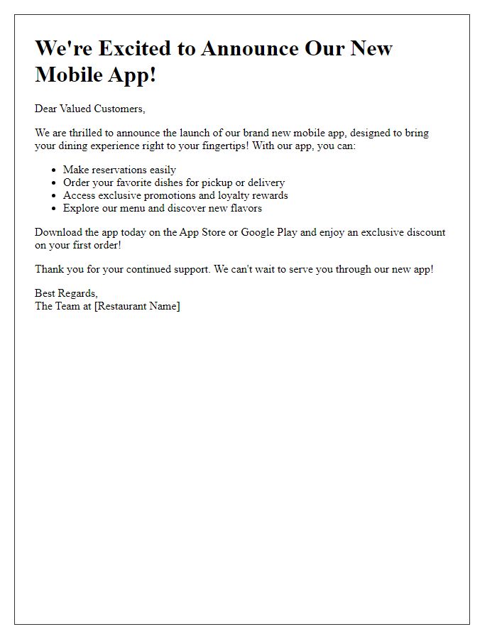 Letter template of exciting restaurant mobile app launch announcement