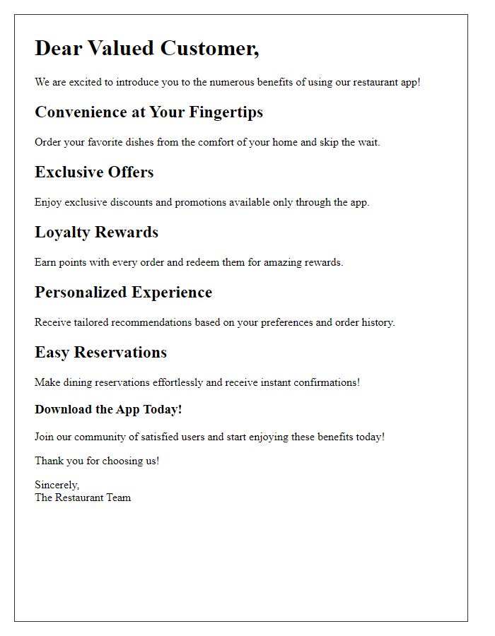 Letter template of highlighting benefits of our restaurant app for users