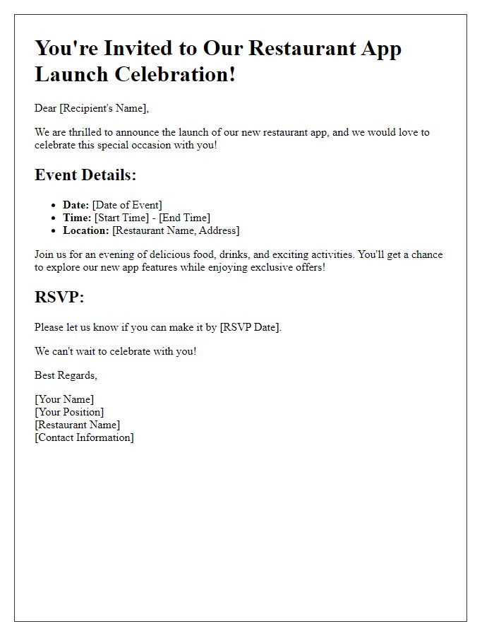 Letter template of restaurant app launch celebration details