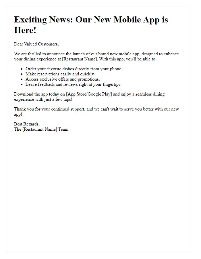 Letter template of unveiling our restaurant's mobile app for customer convenience