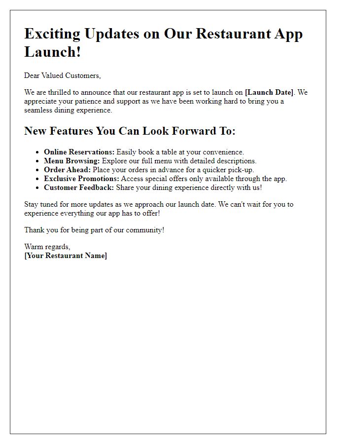 Letter template of updates on our restaurant app launch and features