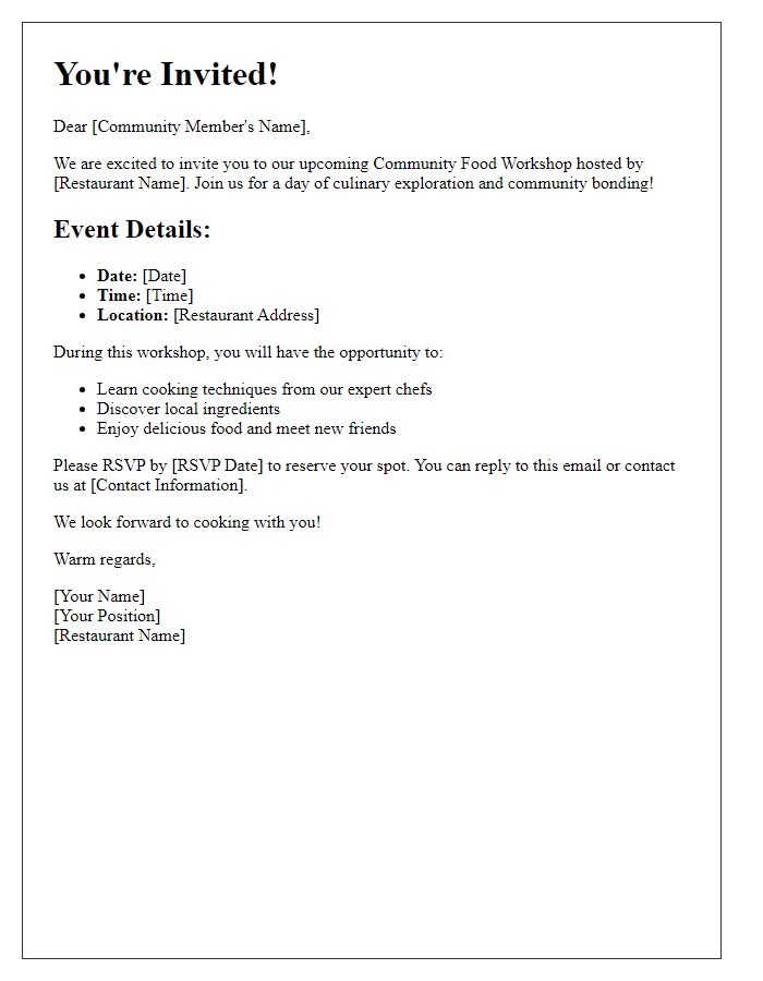 Letter template of group invitation for community food workshop hosted by the restaurant.