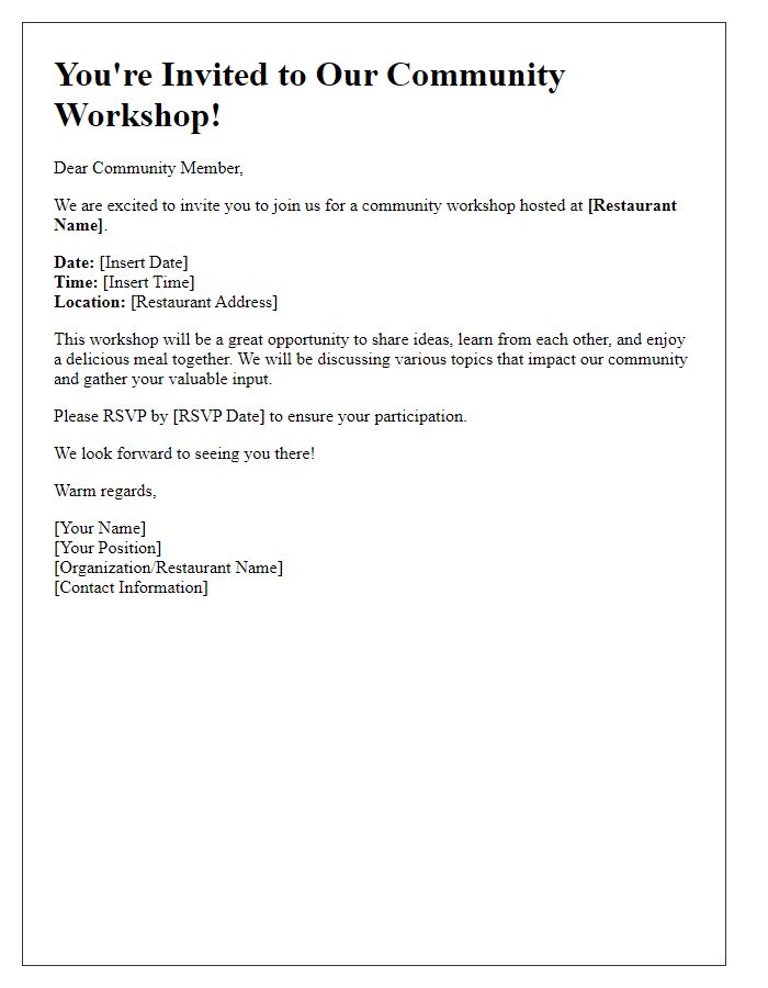 Letter template of invitation to community workshop at the restaurant.