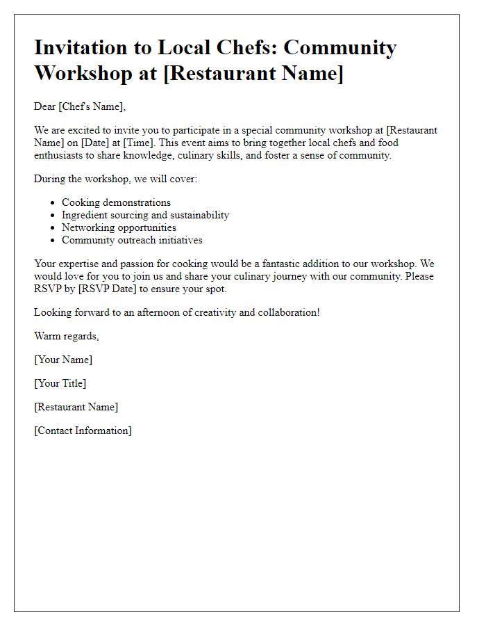 Letter template of outreach invitation for local chefs and community workshop at the restaurant.