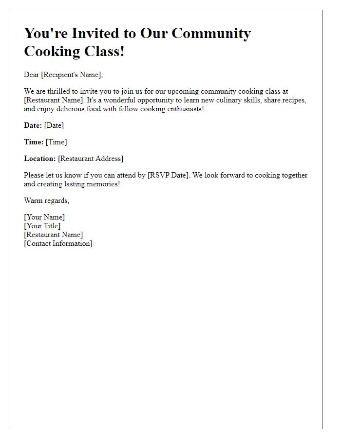 Letter template of participation invitation for restaurant's community cooking class.