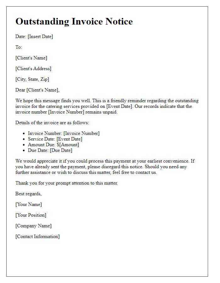 Letter template of outstanding invoice notice for catering service