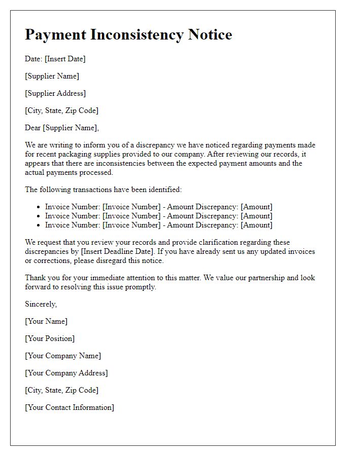 Letter template of payment inconsistency notice for packaging supplier