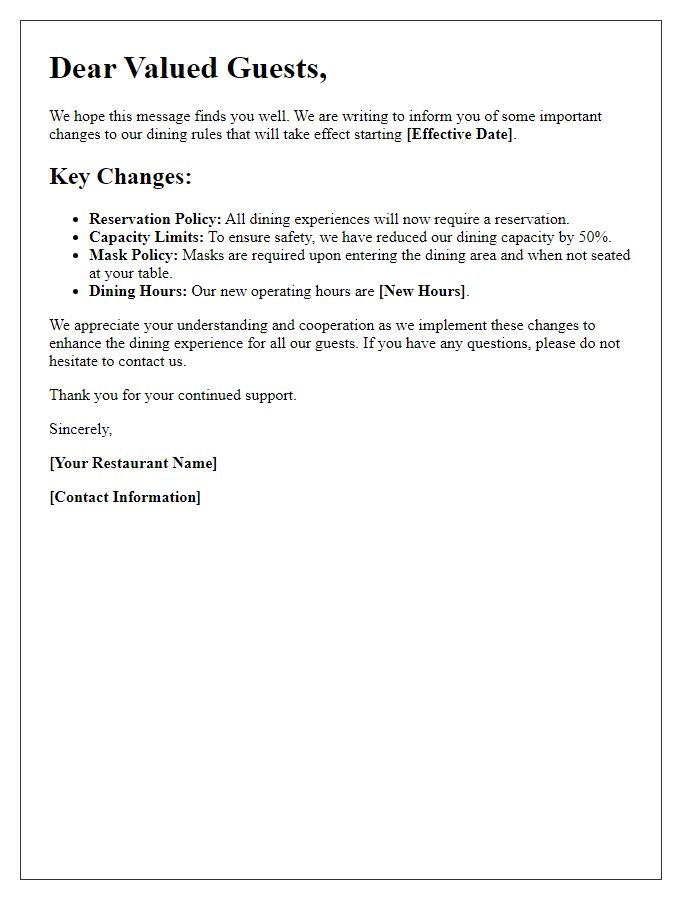 Letter template of important changes to our dining rules.