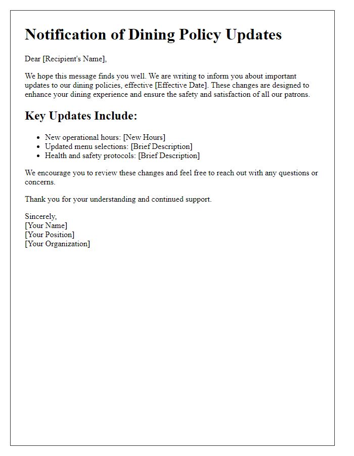 Letter template of notification regarding dining policy updates.