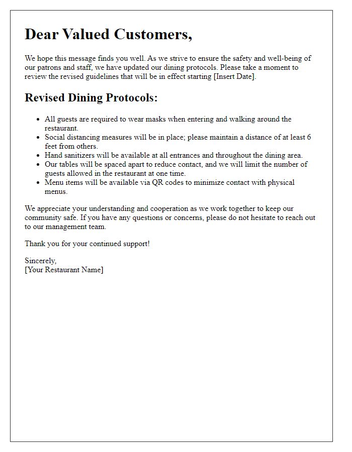 Letter template of revised dining protocols for customer safety.