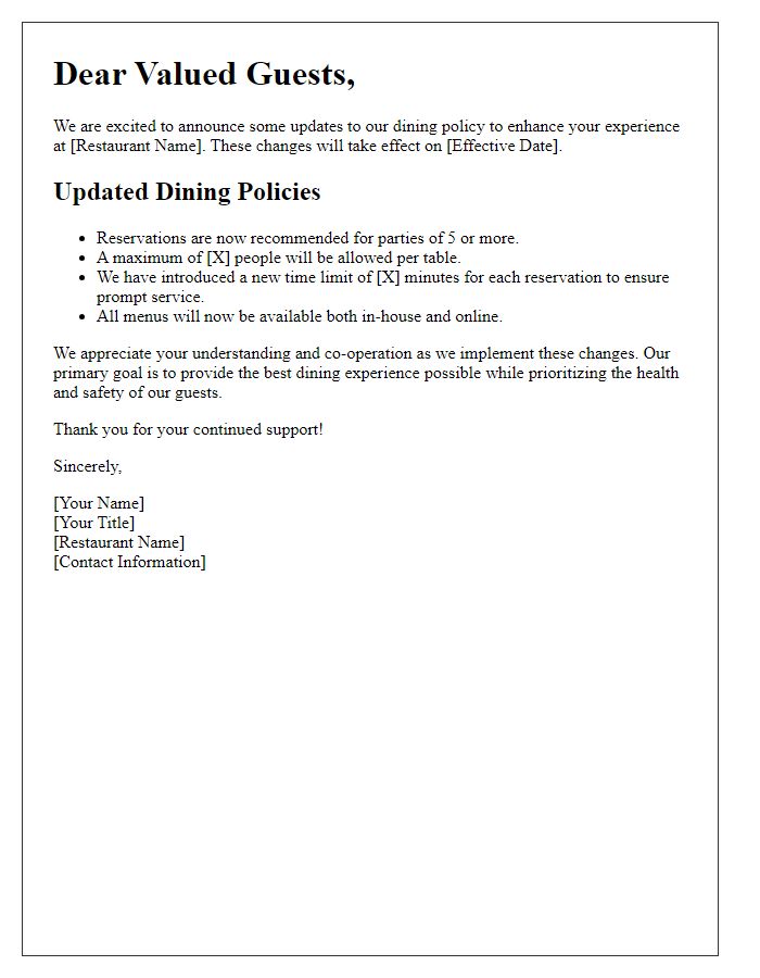 Letter template of updated dining policy announcement for our restaurant.