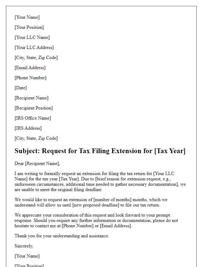 Letter template of business tax filing extension request for LLCs.