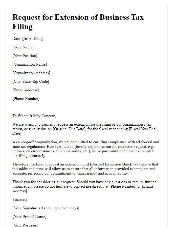 Letter template of business tax filing extension request for nonprofit organizations.