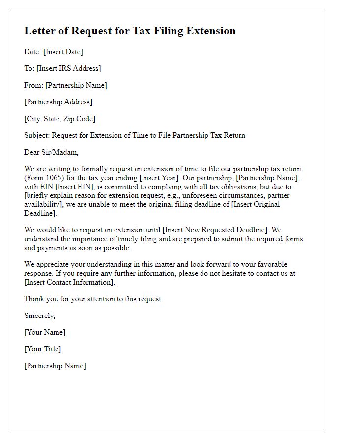 Letter template of business tax filing extension request for partnerships.