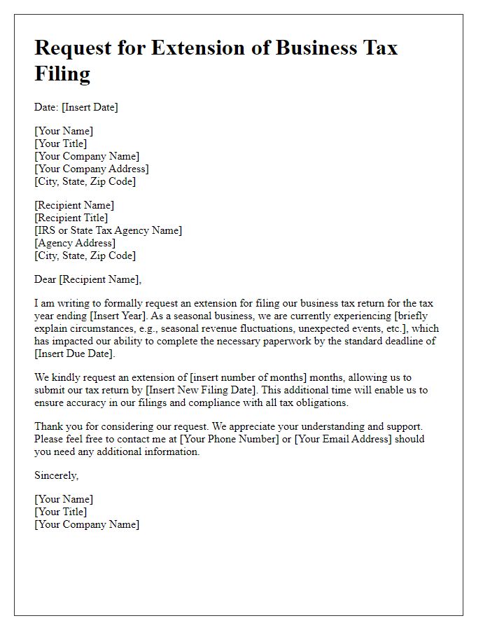 Letter template of business tax filing extension request for seasonal businesses.