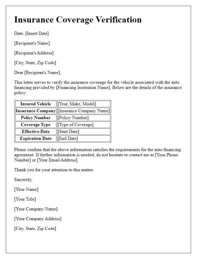 Letter template of insurance coverage verification for auto financing