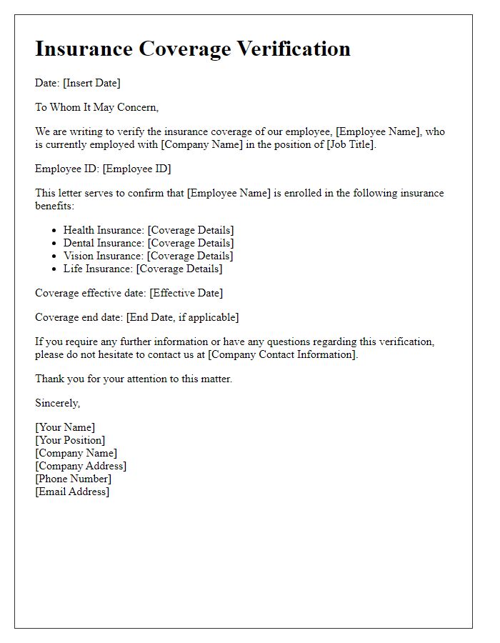Letter template of insurance coverage verification for employee benefits