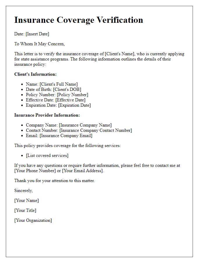 Letter template of insurance coverage verification for state assistance programs