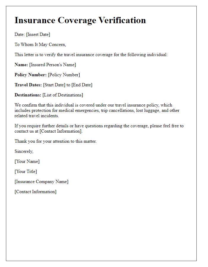 Letter template of insurance coverage verification for travel insurance