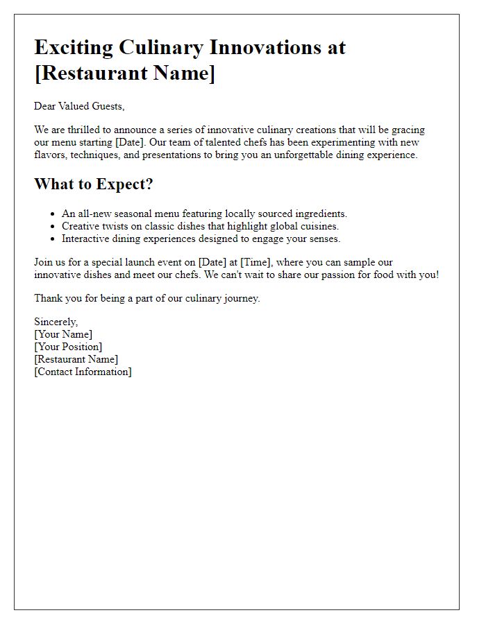 Letter template of culinary innovation announcement for dining establishments.