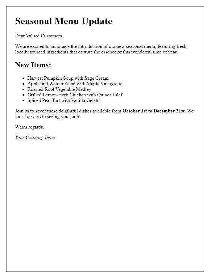 Letter template of seasonal menu update for culinary enterprises.