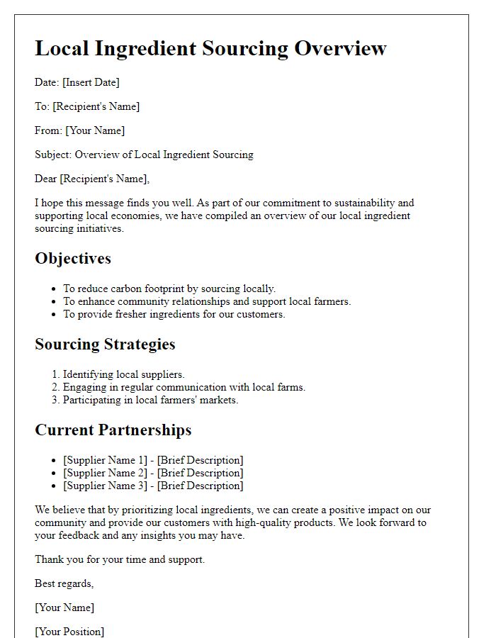 Letter template of Local Ingredient Sourcing Overview